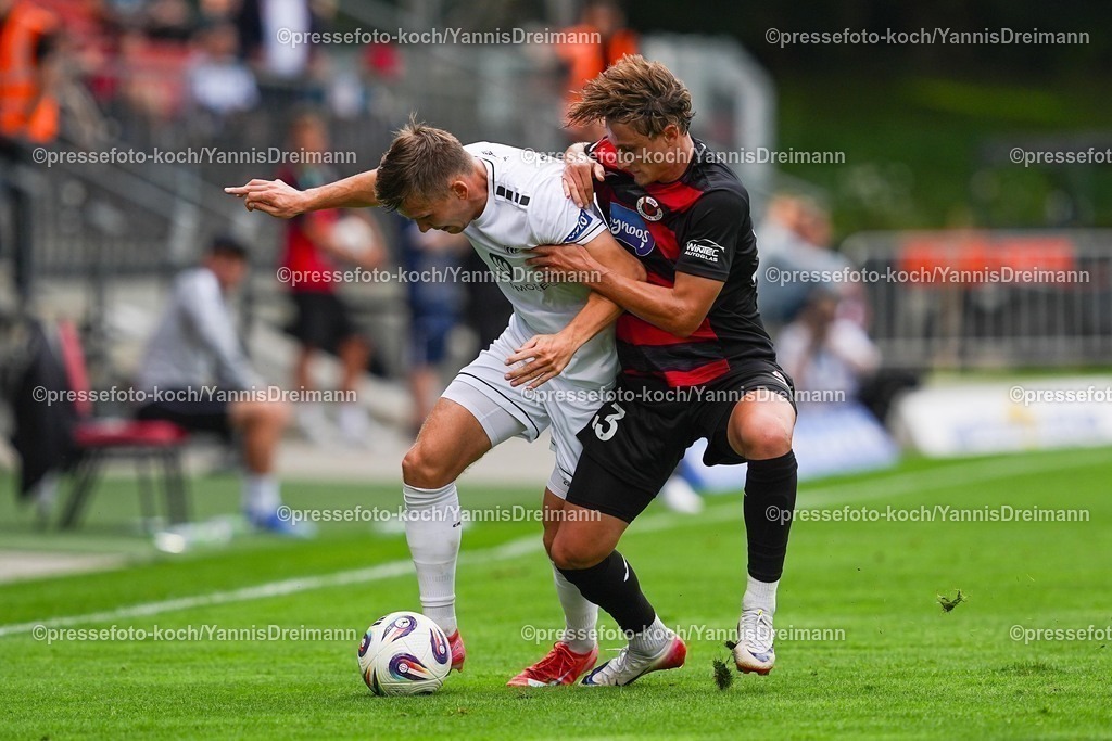 xydr03082501027 | 03.08.2025, xydrx, Fußball, 3.Liga, Viktoria Köln - FC Schweinfurt 05, Saison 2025 2026, Sportpark Höhenberg:  Sebastian Mueller (1.FC Schweinfurt 05 #37) im Zweikampf gegen Jonah Benedict Sticker (Viktoria Köln #33) DFB regulations prohibit any use of photographs as image sequences and or quasi-video.