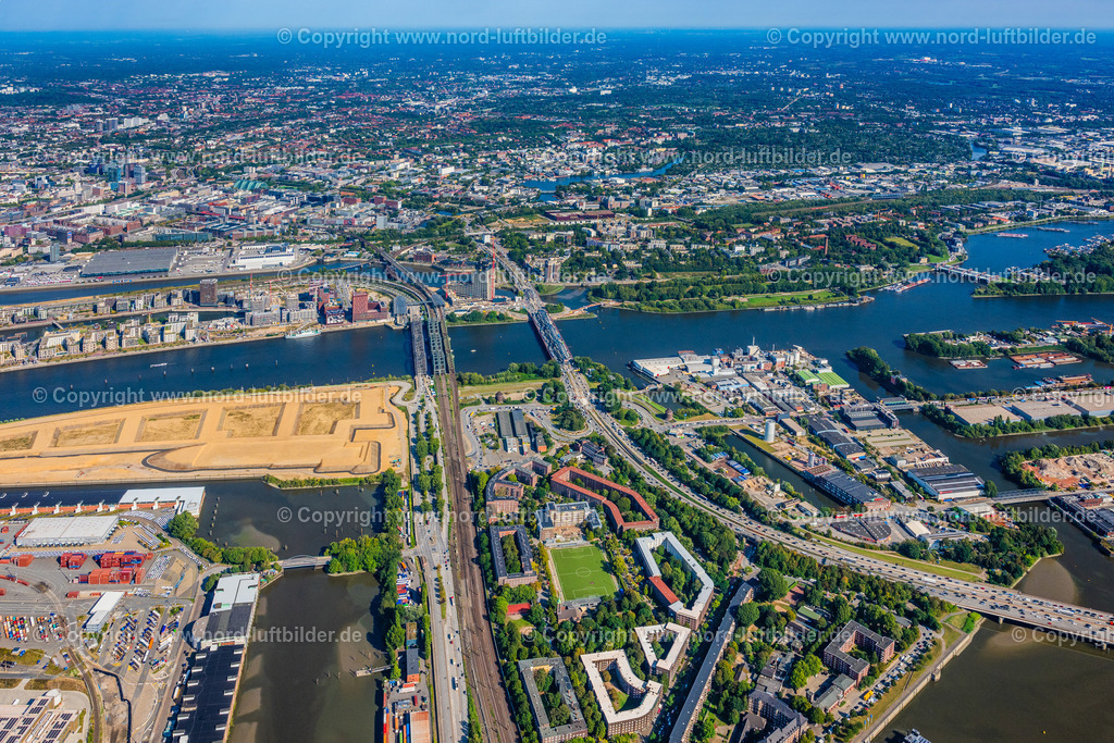 Hamburg_Rothenburgsort_Veddel_Elbbrücken_ELS_8437200925 | HAMBURG 20.09.2025 Fluß - Brückenbauwerk Elbbrücken - Norderelbbrücke über die Ufer der Elbe in Hamburg. // River - bridge structure Elbbruecken - Norderelbbruecke on the banks of the Elbe in Hamburg, Germany. Foto: Martin Elsen