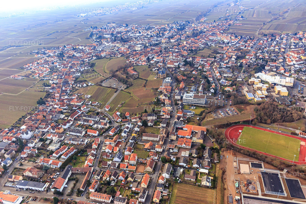 Luftbild: Luitpoldstraße Klosterstraße und Weinstraßenstadion in Edenkoben im Bundesland Rheinland-Pfalz in Deutschland. Foto: IMG_096528.jpg vom 02.02.2017 durch Werner Riehm/FLY-FOTO.de