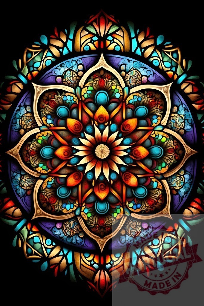 Vibrant mandala stained glass spiritual cosmic art | Mandala design showing colorful symmetrical patterns resembling stained glass on a dark background - Realized with Pictrs.com