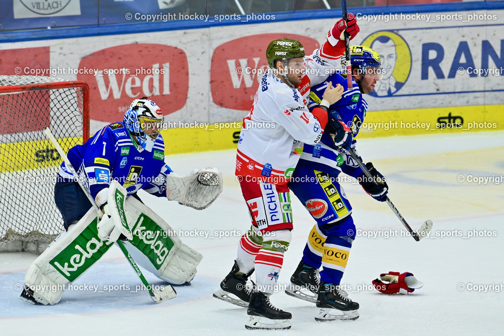EC VSV vs. HC Bozen 16.2.2024 | #1 1 Jean-Philippe Lamoureux, #11 Digiacinto Cristiano, #71 Layne Viveiros, EC VSV vs. HC Bozen 16.2.2024, EC VSV vs. HC Bozen 16.2.2024 am 16.02.2024 in Villach (Stadthalle Villach), Austria, (Photo by Bernd Stefan)