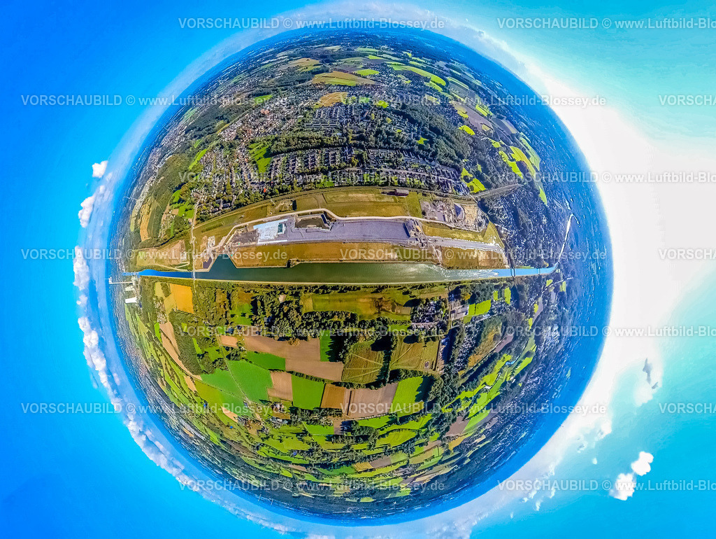 Bergkamen241090083WasserstadtAden | Luftbild, Wasserstadt Aden am Datteln-Hamm-Kanal, Baugebiet für geplantes Stadtquartier auf dem Gelände der ehemaligen Zeche Haus Aden, Erdkugel, Fisheye Aufnahme, Fischaugen Aufnahme, 360 Grad Aufnahme, tiny world, little planet, fisheye Bild, Oberaden, Bergkamen, Ruhrgebiet, Nordrhein-Westfalen, Deutschland