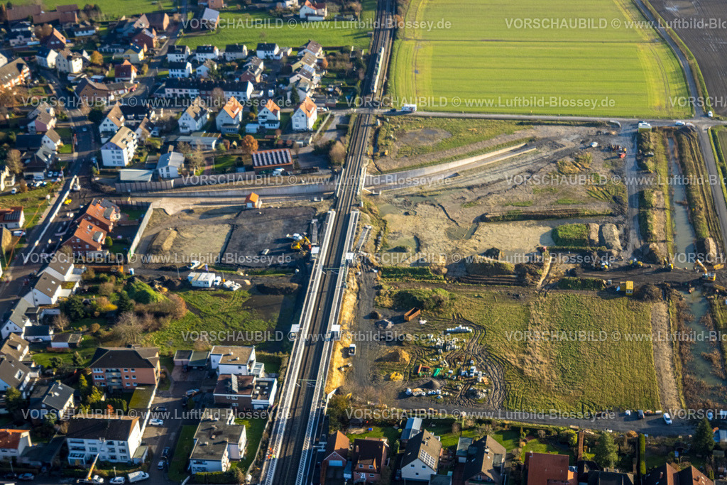 Hamm231200201 | Luftbild, geplante Nahverkehrsverbindung mit Haltepunkt in Westtünnen, Baustelle am Südfeldweg und Von-Thünen-Straße für den künftigen Bahnhaltepunkt, Stadtbezirk Rhynern, Hamm, Ruhrgebiet, Nordrhein-Westfalen, Deutschland