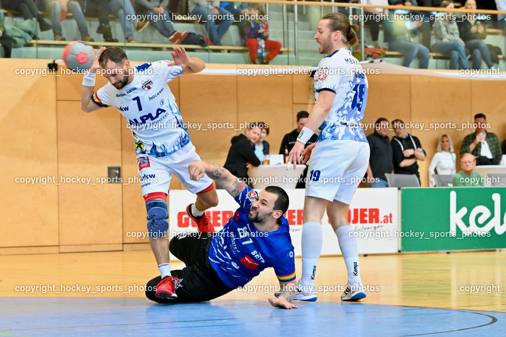 SC Ferlach vs. ALPLA HC Hard 2.3.2024 | #7 RASCHLE Luca HC Hard, #81 MILICEVIC Adrian SC Ferlach, #19 SCHNABL Nico HC Hard, SC Ferlach vs. ALPLA HC Hard 2.3.2024, SC Ferlach vs. ALPLA HC Hard am 02.03.2024 in Ferlach (Ballspielhalle Ferlach), Austria, (Photo by Bernd Stefan)