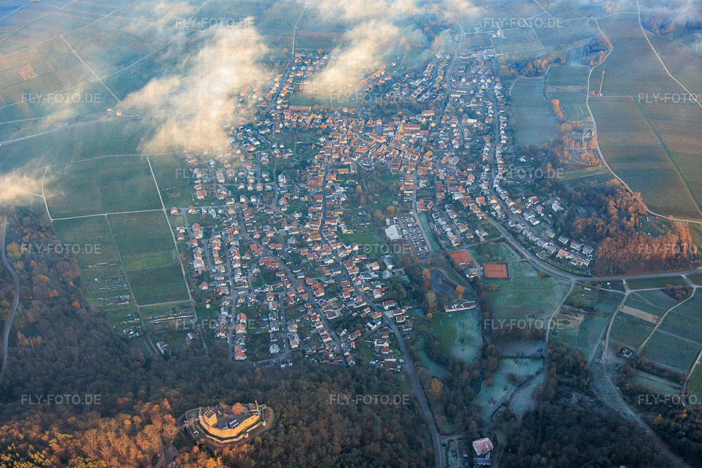 Ortsansicht von Westen mit Burg Landeck im Abendlicht | Luftbild: Ortsansicht von Westen mit Burg Landeck im Abendlicht in Klingenmünster im Bundesland Rheinland-Pfalz in Deutschland. Foto: IMG_151952.jpg vom 22.11.2025 durch Werner Riehm/FLY-FOTO.de - Realisiert mit Pictrs.com