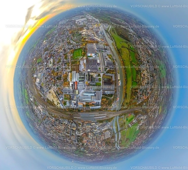 Hamm231190335ThyssenIndustrieBoehler | Luftbild, Thyssen Draht AG Industrie voestalpine Böhler Welding Germany GmbH Gelände, Gewerbegebiet Hafenstraße am Datteln-Hamm-Kanal, umgeben von herbstlichen Laubbäumen, Erdkugel, Fisheye Aufnahme, Fischaugen Aufnahme, 360 Grad Aufnahme, tiny world, little planet, fisheye Bild, Mitte, Hamm, Ruhrgebiet, Nordrhein-Westfalen, Deutschland