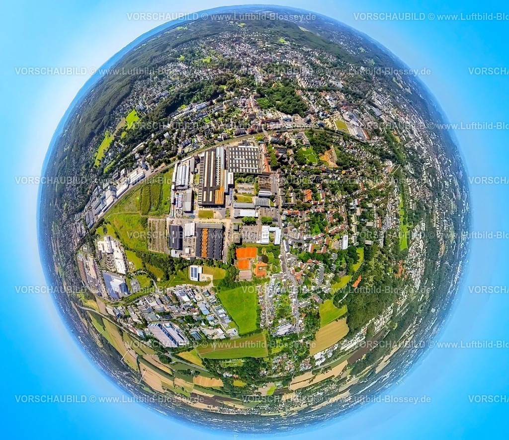 Witten230890045 Annen  TechnikGewerbegebiet | Luftbild, Gewerbegebiet Annen Industrie- und Technologiepark, Erdkugel, Fisheye Aufnahme, Fischaugen Aufnahme, 360 Grad Aufnahme, tiny world, Annen, Witten, Ruhrgebiet, Nordrhein-Westfalen, Deutschland