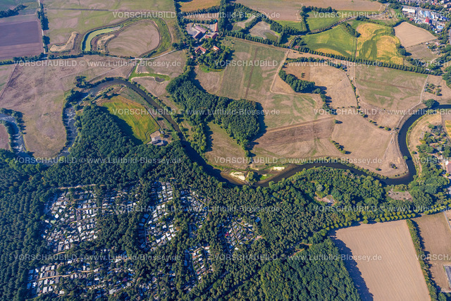 Olfen220805832LippeVogelsang | Luftbild, Fluss Lippe Mäander, Lippeschleife, Waldferiendorf Eversum, Fluss- und Auenentwicklung der Lippe Vogelsang, Renaturierung, Stadtgrenze Olfen-Datteln, Olfen-Kirchspiel, Olfen, Ruhrgebiet, Nordrhein-Westfalen, Deutschland