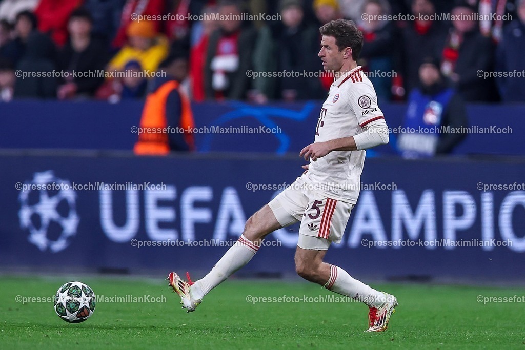 UCL11032502519 | 11.03.2025, Fußball, UEFA Champions League, Bayer 04 Leverkusen - FC Bayern München, Achtelfinale Rückspiel, BayArena, Saison 2024 2025: Thomas Müller (FC Bayern #25)DFB regulations prohibit any use of photographs as image sequences and or quasi-video.
