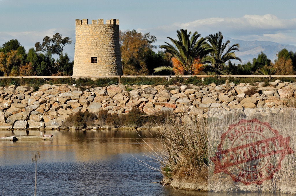 Stone tower standing by waterside with palm trees | River landscape featuring an historic stone tower, rocky bank, and green vegetation under a blue sky - Realized with Pictrs.com