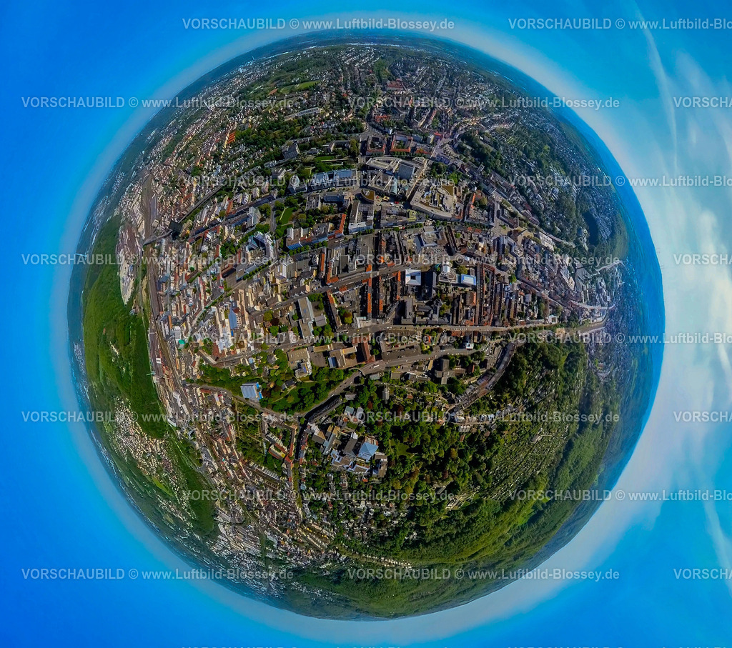 Hagen240590239City_Mitte | Luftbild, City Innenstadtansicht Hagen-Mitte, Friedrich-Ebert-Platz Fußgängerzone und Rathaus Galerie, Fluss Volme, Erdkugel, Fisheye Aufnahme, Fischaugen Aufnahme, 360 Grad Aufnahme, tiny world, little planet, fisheye Bild, Mittelstadt, Hagen, Ruhrgebiet, Nordrhein-Westfalen, Deutschland