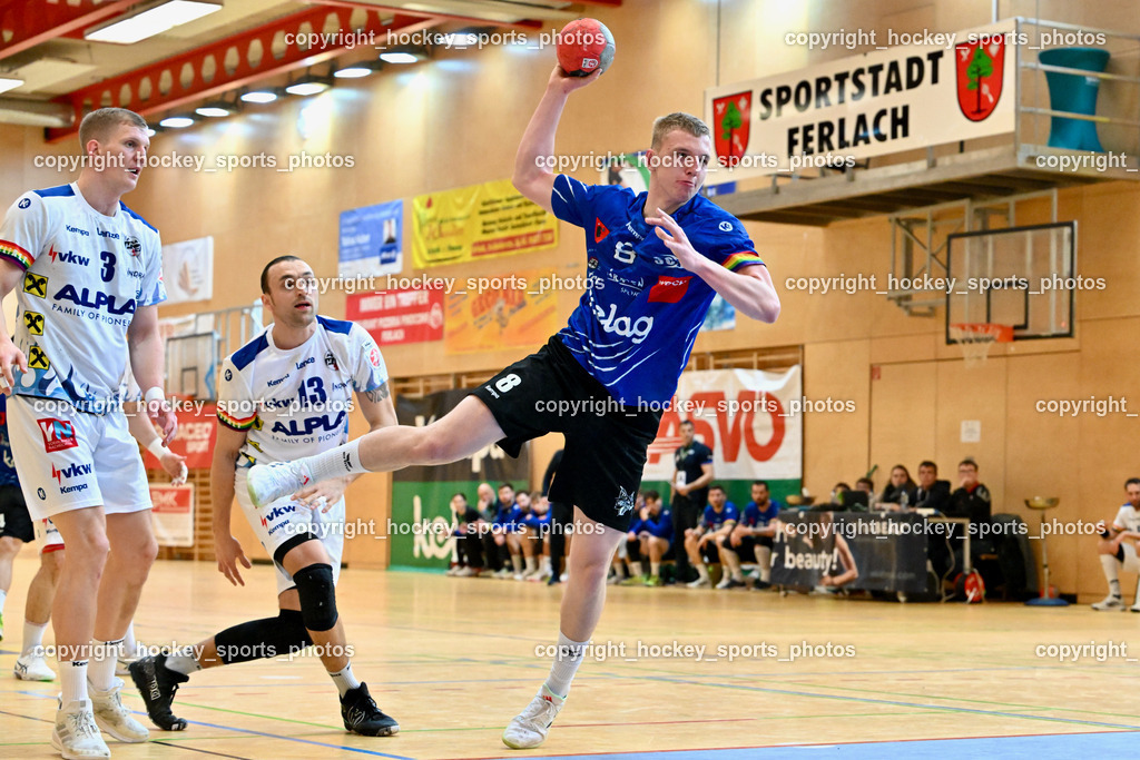 SC Ferlach vs. ALPLA HC Hard 2.3.2024 | #3 Antanavicius Karolis HC Hard, #13 WÜSTNER Frederic HC Hard, #8 KNAPP Simon SC Ferlach, SC Ferlach vs. ALPLA HC Hard 2.3.2024, SC Ferlach vs. ALPLA HC Hard am 02.03.2024 in Ferlach (Ballspielhalle Ferlach), Austria, (Photo by Bernd Stefan)