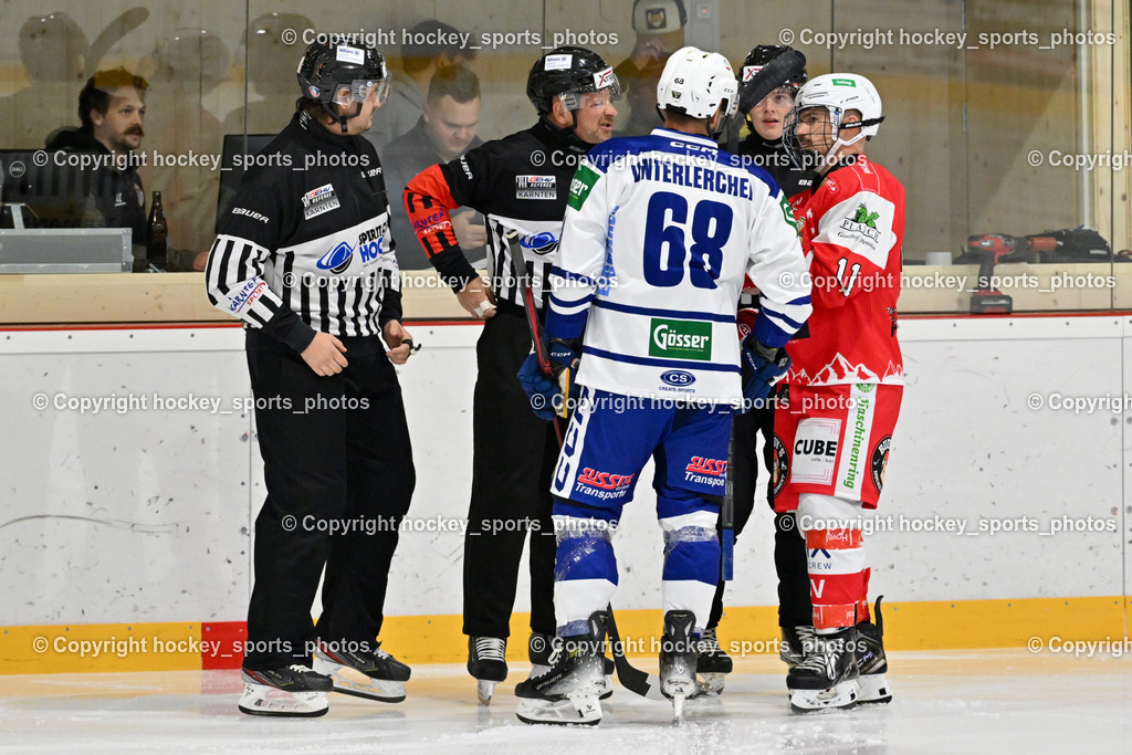 ESV Ferlach vs. UECR Eisbären Huben | Eicher Herbert Referee, LEITL Michael Referee, #68 Unterlercher Martin UECR EISBÄREN HUBEN, #11 Toff Nico ESV Ferlach, Frieser Alexander Referee, ESV Ferlach vs. UECR Eisbären Huben, ESV Ferlach vs. UECR Eisbären Huben am 31.10.2025 in Ferlach (HTC Eishalle Ferlach), Austria, (Photo by Bernd Stefan)