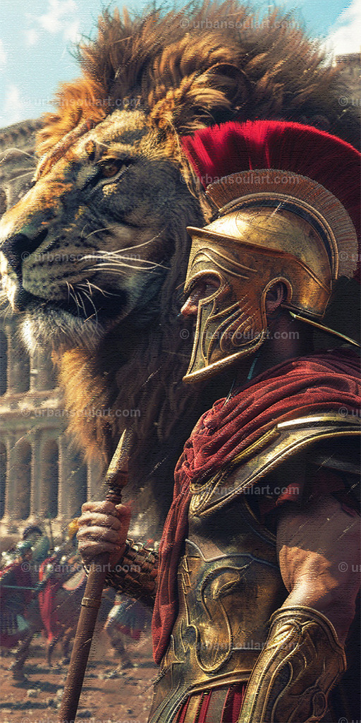 Spartan Gladiator With A Lion | This epic depiction of a Spartan warrior with a lion by his side exudes strength and valor. Great for creating a heroic, powerful atmosphere in spaces that celebrate historical themes. - Realisiert mit Pictrs.com