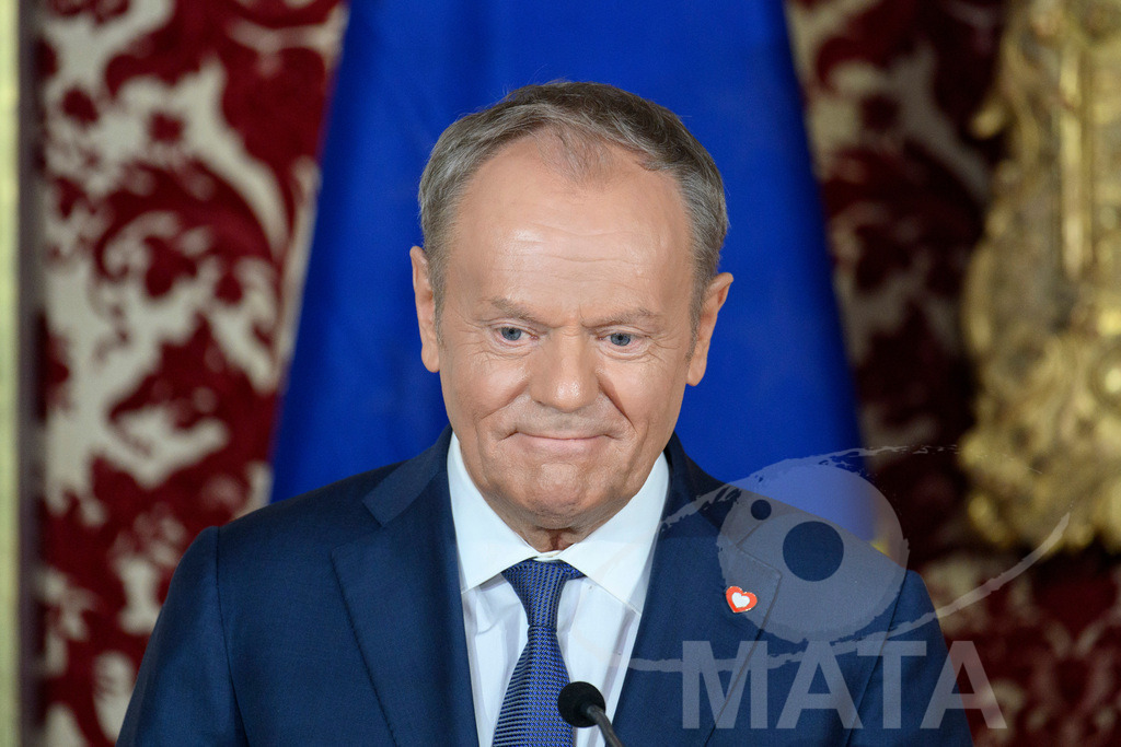 _DWA0535 | Politiker Donald Tusk (Civic Coalition), Ministerpräsident der Republik Polen, während eines Pressestatements in der Münchner Residenz vor der Verleihung des Ewald-von-Kleist-Preises. Der diesjährige Ewald-von-Kleist-Preis wird am Rande der Münchner Sicherheitskonferenz 2026 an das ukrainische Volk vergeben. München, 14.02.2026 Bayern Deutschland - Realisiert mit Pictrs.com