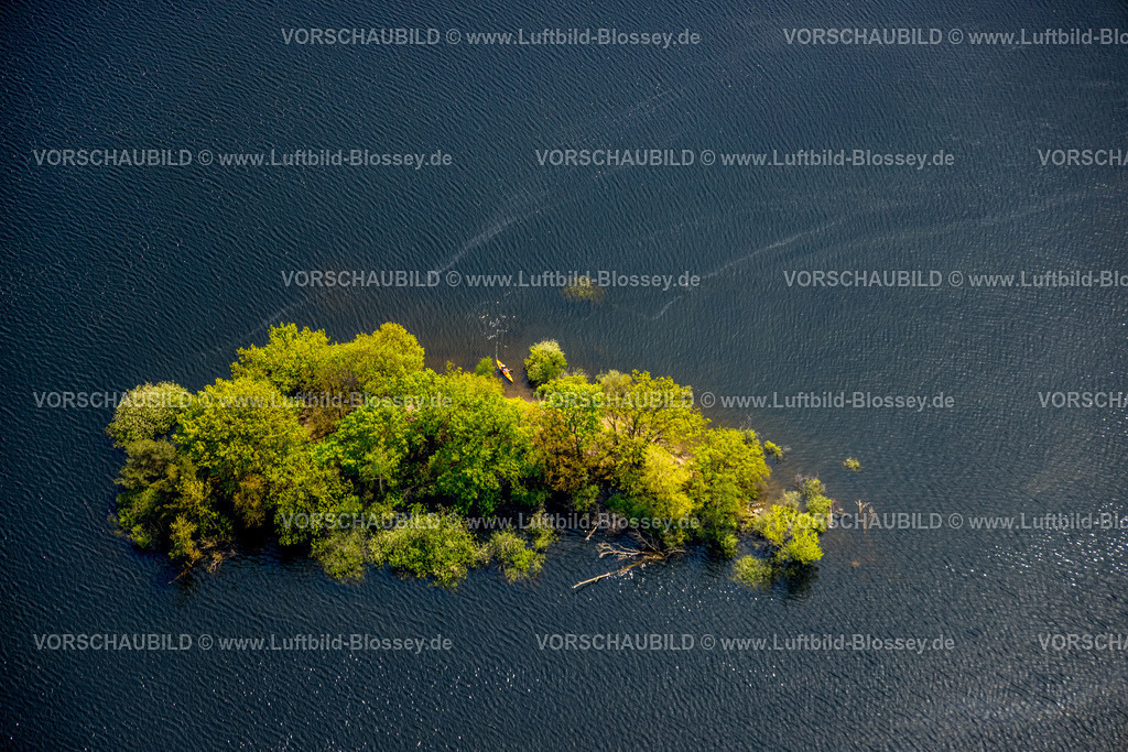 Heimrath240501918Rursee | Luftbild, Rursee Rurtalsperre mit bewaldeter Insel vor der Halbinsel Eschauel, Kajakfahrer in einer Bucht, Nationalpark Eifel, Schmidt, Nideggen, Nordrhein-Westfalen, Deutschland