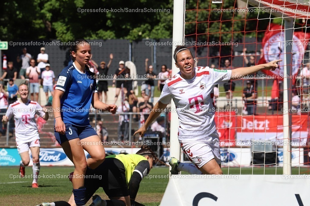 xSSC11052501004 | 11.05.2025, xsscx, Frauen Fußball, 1. FC Köln - Turbine Potsdam, 1. Fußball Bundesliga, 22. Spieltag, Franz-Kremer-Stadion, Saison 2024 2025: Nicole Billa (1. FC Köln 17) jubelnd nach dem 3:0 DFB regulations prohibit any use of photographs as image sequences and or quasi-video.