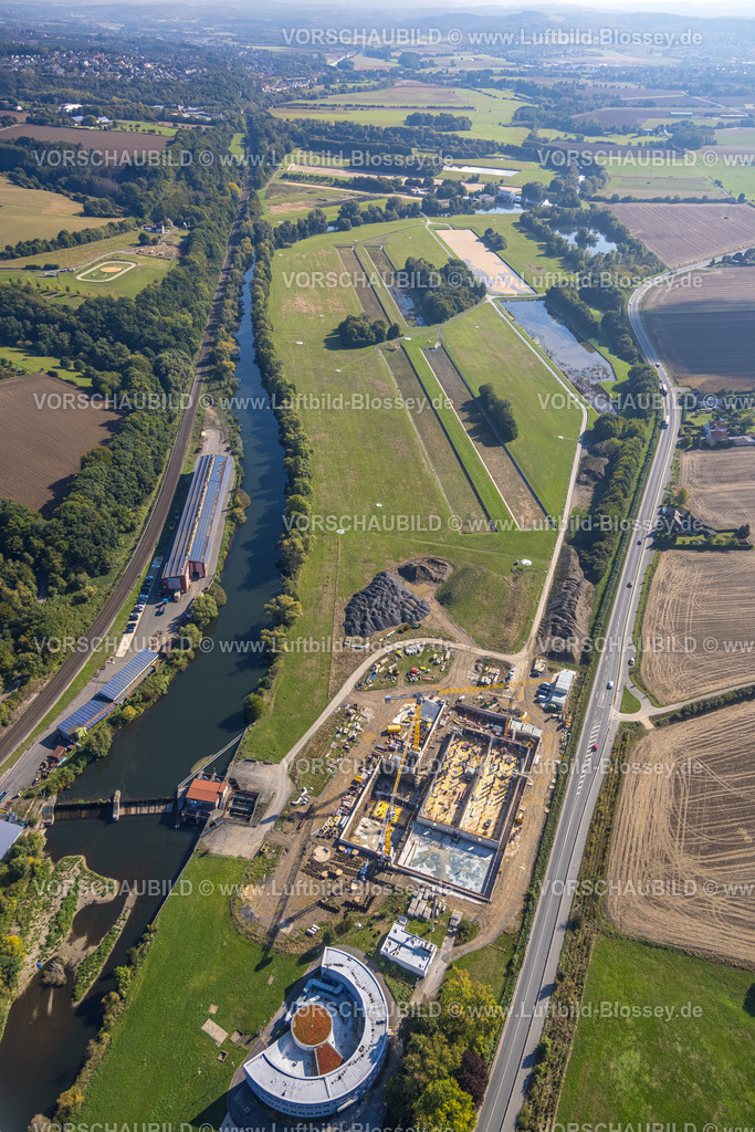 Froendenberg220901043 | Luftbild, Baustelle und Neubau am Wasserwerk Westfalen GmbH und Laufwasserkraftwerk Langschede am Fluss Ruhr, Halingen, Menden, Ruhrgebiet, Nordrhein-Westfalen, Deutschland