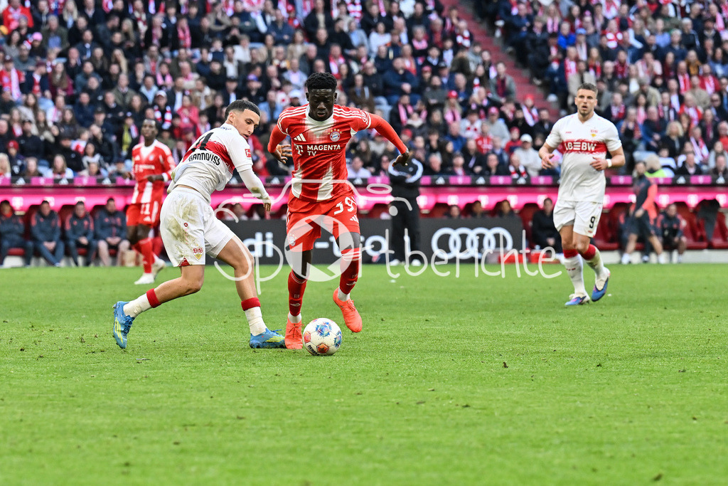 FC Bayern München - VfB Stuttgart | MUNICH, GERMANY - 19. APRIL: tackle between Bilal El KHANNOUSS (VfB Stuttgart 11) and Bara NDIAYE (FC Bayer Munich 39) during the Bundesliga Match between FC Bayern Munich vs. VfB Stuttgart at Matchday 30 at Allianz Arena / DFL REGULATIONS PROHIBIT ANY USE OF PHOTOGRAPHS AS IMAGE SEQUENCES AND/OR QUASI-VIDEO