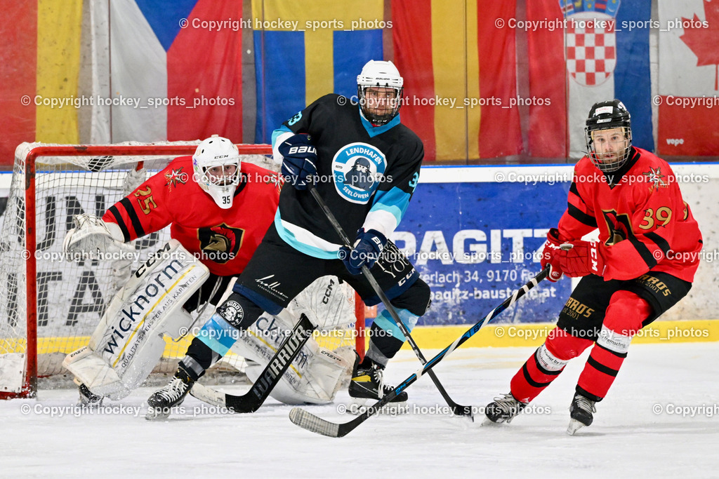 Lendhafen Seelöwen vs. Spartans Althofen | #25 Mayrobnig Marco Spartans Althofen, #33 Kreiner Maximilian Lendhafen Seelöwen, #89 Pirmann Markus Spartans Althofen, Lendhafen Seelöwen vs. Spartans Althofen, Lendhafen Seelöwen vs. Spartans Althofen am 14.02.2025 in Ferlach (HTC Eishalle Ferlach), Austria, (Photo by Bernd Stefan)
