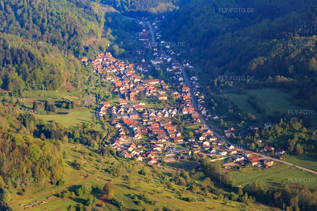 Luftbild: Ortsansicht von Süden in Eußerthal im Bundesland Rheinland-Pfalz in Deutschland. Foto: IMG_113885.jpg vom 01.05.2019 durch Werner Riehm/FLY-FOTO.de