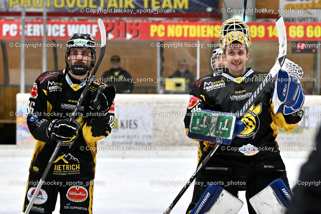 EC MET PHOTOVOLTAIK HORNETS SPITTAL vs. EV ZELTWEG MURTAL LIONS | #96 Peharz Joshua EC Hornets Spittal, #35 Egger Luca EC Hornets Spittal, EC MET PHOTOVOLTAIK HORNETS SPITTAL vs. EV ZELTWEG MURTAL LIONS, EC MET PHOTOVOLTAIK HORNETS SPITTAL vs. EV ZELTWEG MURTAL LIONS am 08.02.2026 in Spittal an der Drau (Eissportzentrum Spittal), Austria, (Photo by Bernd Stefan)