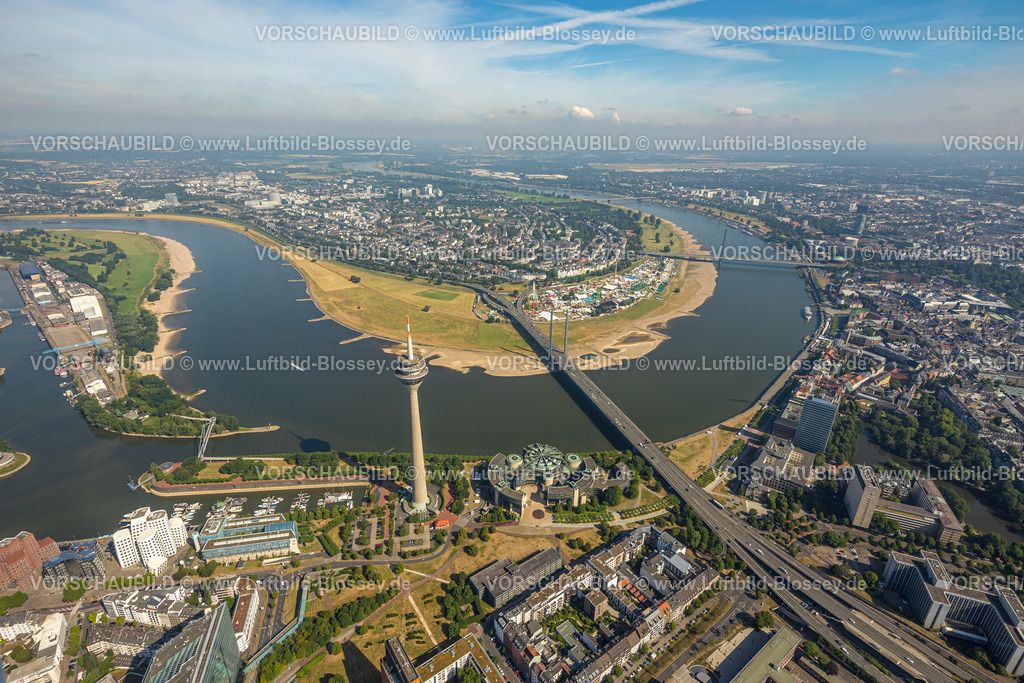 Duesseldorf220700917 | Luftbild, Landtag Nordrhein-Westfalen, Rheinturm, Rheinkniebrücke, RheinKirmes in den Rheinwiesen, Blick nach Oberkassel, Hafen, Düsseldorf, Rheinland, Nordrhein-Westfalen, Deutschland