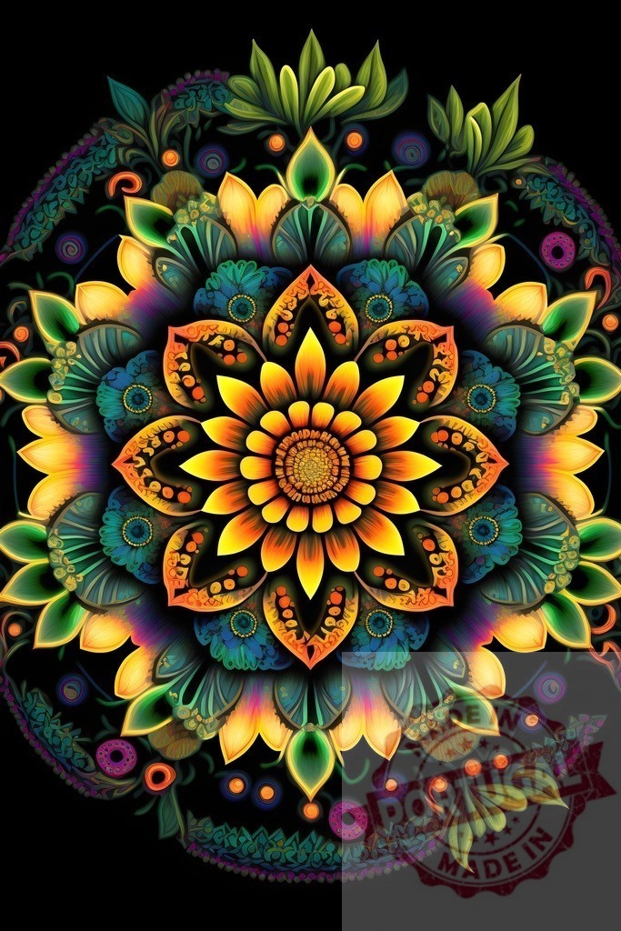 Vibrant floral mandala creating psychedelic digital pattern | Intricate floral mandala showing psychedelic patterns and vibrant colors - Realized with Pictrs.com