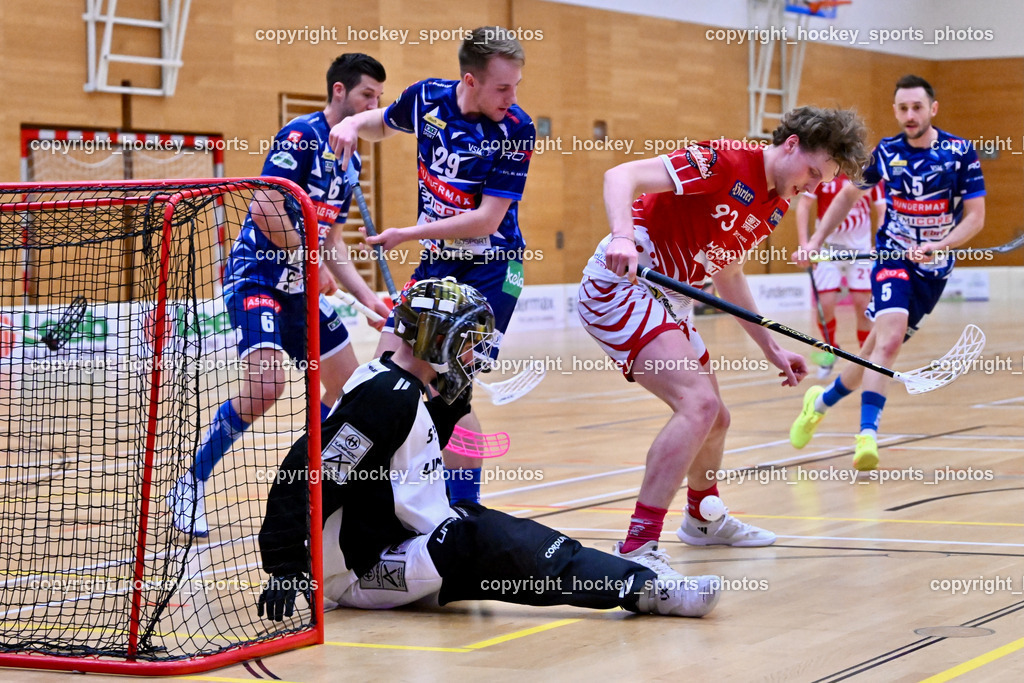 VSV Unihockey vs. KAC Floorball | #55 Maximilian Obereder KAC Floorball, #93 Marcel Gappmayer KAC Floorball, #29 Anze Brajic VSV Unihockey, #6 Timo Schmid VSV Unihockey, VSV Unihockey vs. KAC Floorball, VSV Unihockey vs. KAC Floorball am 12.04.2025 in Villach (Ballspielhalle St. Martin), Austria, (Photo by Bernd Stefan)