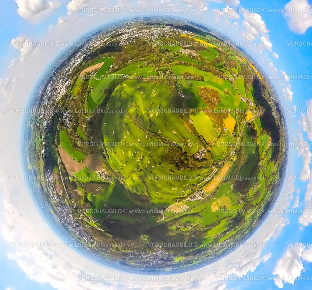 Velbert230490845Golfplatz | Luftbild, Golfplatz, Golfclub Velbert Gut Kuhlendahl, Erdkugel, Fisheye Aufnahme, Fischaugen Aufnahme, 360 Grad Aufnahme, Kuhlendahl, Velbert, Ruhrgebiet, Nordrhein-Westfalen, Deutschland