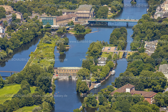 Muelheim230704588 | Luftbild, Schleuseninsel, Wasserkraftwerk Kahlenberg, Ruhrschleuse, rundes Gebäude Restaurant Wasserbahnhof mit Anlegestelle Weisse Flotte, Altstadt I - Südwest, Mülheim an der Ruhr, Ruhrgebiet, Nordrhein-Westfalen, Deutschland