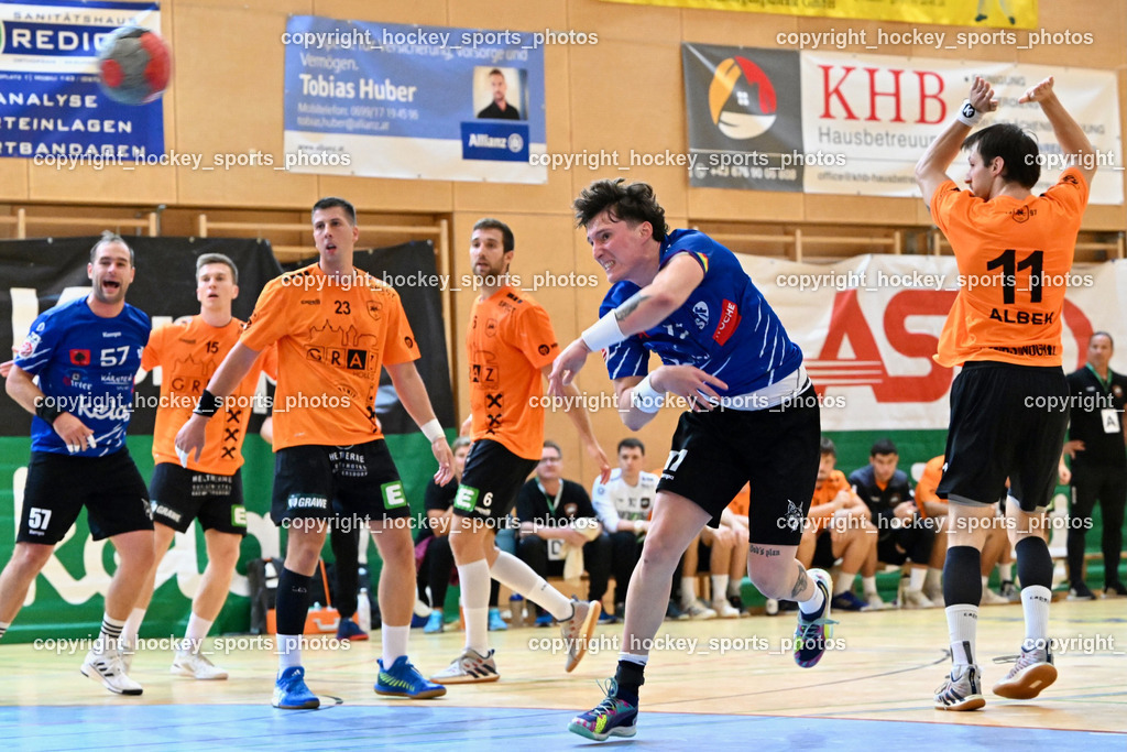 SC Ferlach vs. HSG Holding Graz 23.9.2023 | #23 BELOS Nemanja Holding Graz, #17 PAVLOV Hari SC Ferlach, #11 ALBEK Joszef Holding Graz, SC Ferlach vs. HSG Holding Graz 23.9.2023, SC Ferlach vs. HSG Holding Graz am 23.09.2023 in Bleiburg (Ballspielhalle Ferlach), Austria, (Photo by Bernd Stefan)