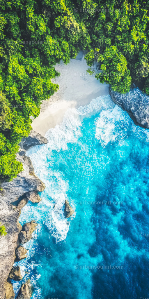 Beach, Trees And Rocks With Azure Water | Discover a tropical paradise with this vibrant canvas featuring lush trees, white sandy beaches, and bright azure waters crashing against rocky outcrops. A perfect piece for those wanting to add a touch of warm, tropical charm to their home decor, embodying nature's unspoiled beauty. - Realisiert mit Pictrs.com
