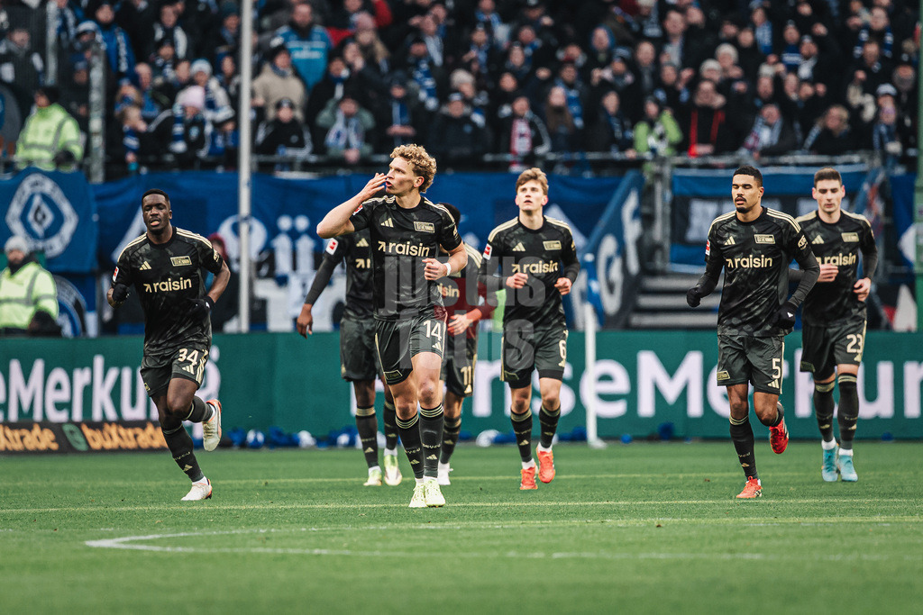 Fußball | Männer | Saison 2025/2026 | 1. Fußball-Bundesliga | 22. Spieltag | Hamburger SV vs. 1. FC Union Berlin | 14.02.2026 | Elfmeter Torschütze Leopold Querfeld (#14, 1. FC Union Berlin) jubelt