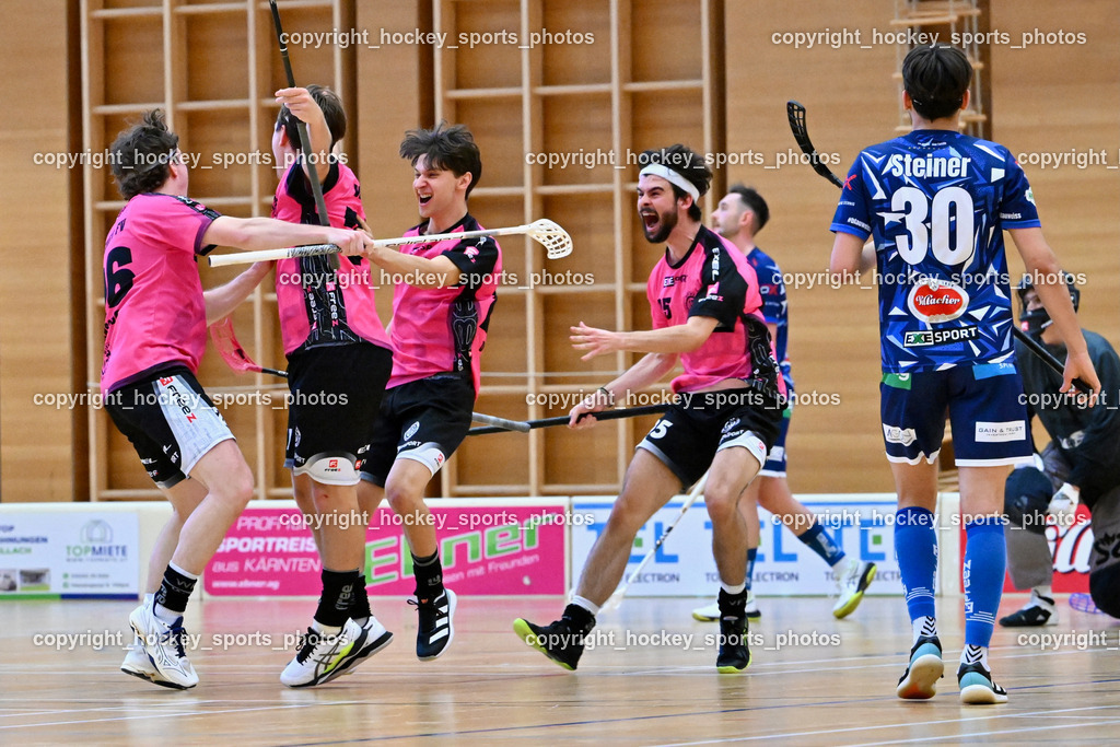VSV Unihockey vs. Wiener Floorballferein 6.4.2024 | #26 Alexander Hanschur Wiener Floorballverein, #71 Christoph Platzer Wiener Floorballverein, #15w#VSV Unihockey vs. Wiener Floorballferein 6.4.2024, VSV Unihockey vs. Wiener Floorballferein  am 06.04.2024 in Villach (Ballspielhalle St. Martin), Austria, (Photo by Bernd Stefan)