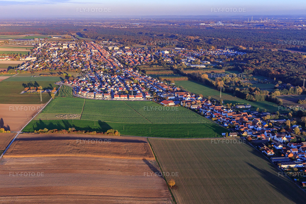 Luftbild: Ortsansicht am Abend aus Westen in Kandel im Bundesland Rheinland-Pfalz in Deutschland. Foto: IMG_095822.jpg vom 30.10.2016 durch Werner Riehm/FLY-FOTO.de