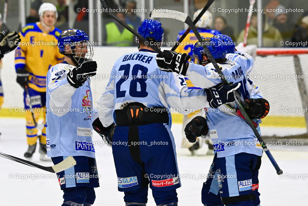 EHC Althofen vs. ESC Steindorf 27.2.2023 | #46 Maurer Julian, Jubel ESC Steindorf Mannschaft, #28 Bacher Stefan, #69 Kreuzer Philipp