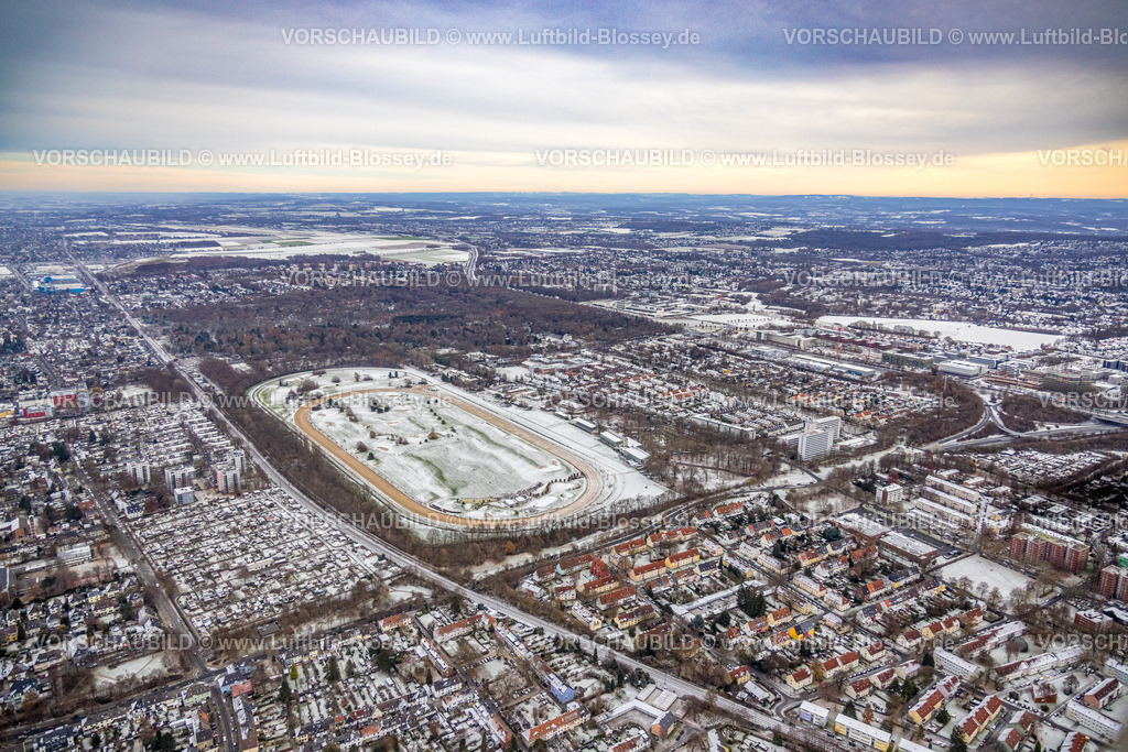 Dortmund221201726 | Luftbild, Winterliche schneebedeckte Galopprennbahn Dortmund Wambel, GolfRange Dortmund, Kaiserbrunnen, Dortmund, Ruhrgebiet, Nordrhein-Westfalen, Deutschland