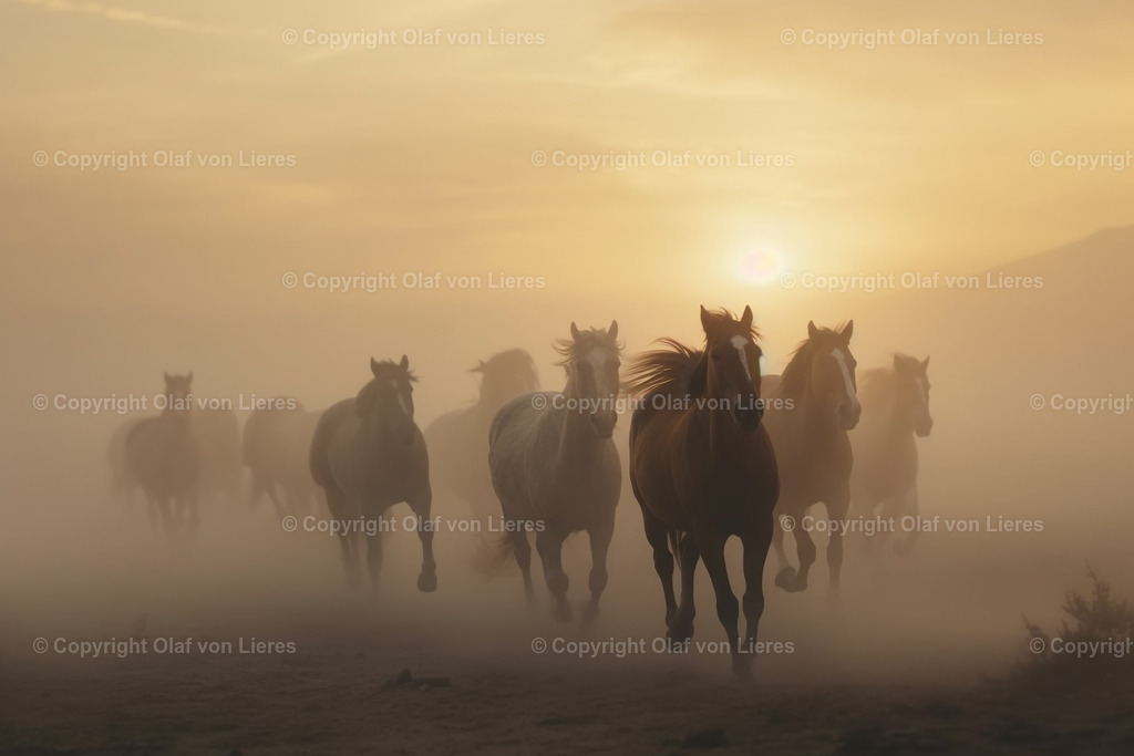 wilde Pferde im Sonnenuntergang | wilde Pferde in der Prärie vor Sonnenuntergang