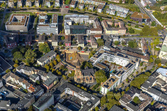 Essen241001038 | Luftbild, evang. Kreuzeskirche und Baustelle und Umgestaltung Weberplatz, Begegnungszentrum, Stadtkern, Essen, Ruhrgebiet, Nordrhein-Westfalen, Deutschland