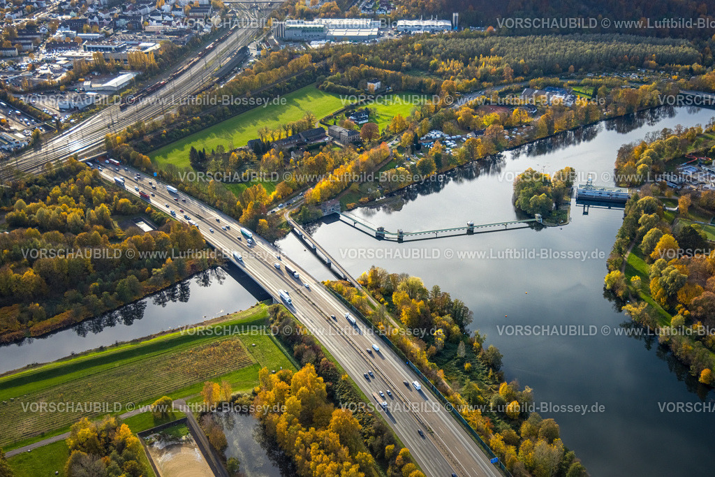 Hagen251102925 | Luftbild, Kraftwerk Stiftsmühle am Fluss Ruhr, Volmebrücke und Volmemündung, Autobahn A1 und Radwegbrücke, Vorhalle, Hagen, Ruhrgebiet, Nordrhein-Westfalen, Deutschland