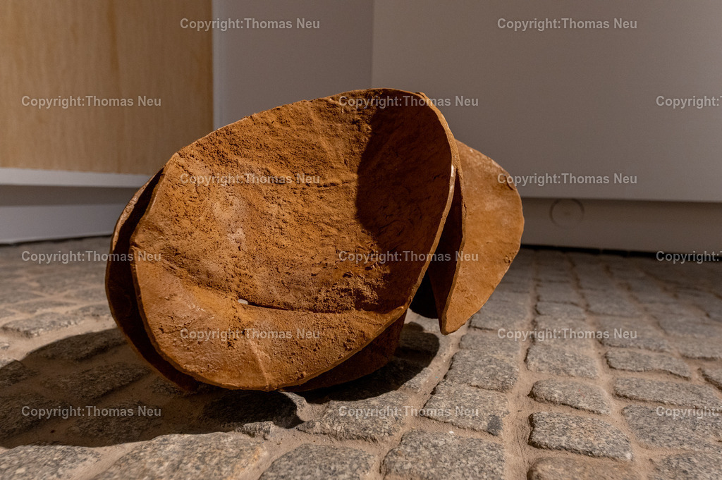 DSC_0537 | Jonas Wendelin zeigt großformatige Skulpturen und Rauminstallationen aus Ton und Lehm, basierend auf 3D‑Scans von organischen Materialien wie verrottenden Baumstämmen und archäologischen Gefäßen aus der Museums‑Sammlung. Diese Arbeiten thematisieren Material als Archiv und Informationsträger, Erosion und Zerstörung — sowohl formal als auch inhaltlich. Die Werke schaffen Spannungsfelder zwischen haptischer Realität und digitaler Wahrnehmung, und lassen Wahrnehmungskategorien wie natürlich oder künstlich verschwimmen. 
