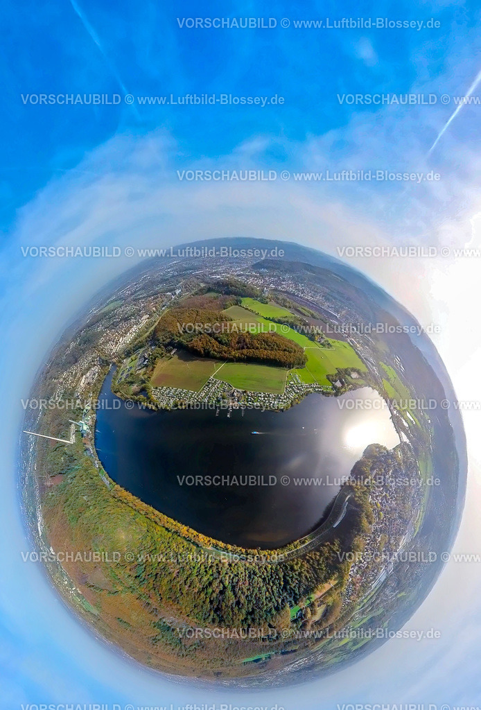 Wetter20221020_01Harkortsee | Luftbild, Harkortsee, Campingplatz Harkortsee, Kaisberg Waldgebiet, Herbstwald, Fisheye Aufnahme, Fischaugen Aufnahme, 360 Grad Aufnahme, Wetter, Wetter, Ruhrgebiet, Nordrhein-Westfalen, Deutschland