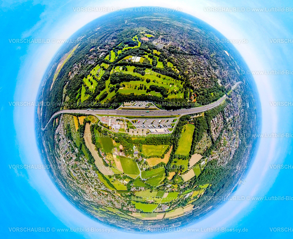 Gelsenkirchen240890569A2RaststaetteResserMark_GolfHausLeithe | Luftbild, Autobahn Raststätte Resser Mark an der Autobahn A2, Golfplatz Gelsenkirchener Golfclub Haus Leythe, Erdkugel, Fisheye Aufnahme, Fischaugen Aufnahme, 360 Grad Aufnahme, tiny world, little planet, fisheye Bild, Resser Mark, Gelsenkirchen, Ruhrgebiet, Nordrhein-Westfalen, Deutschland