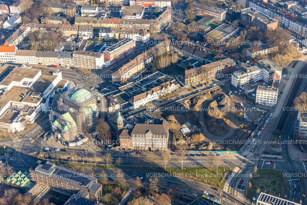 Essen260100919 | Luftbild, Alte Synagoge Essen Sanierung mit Baugerüst, Edmund-Körner-Platz, Baustelle Verwaltungscampus Steeler Tor, Stadtkern, Essen, Ruhrgebiet, Nordrhein-Westfalen, Deutschland
