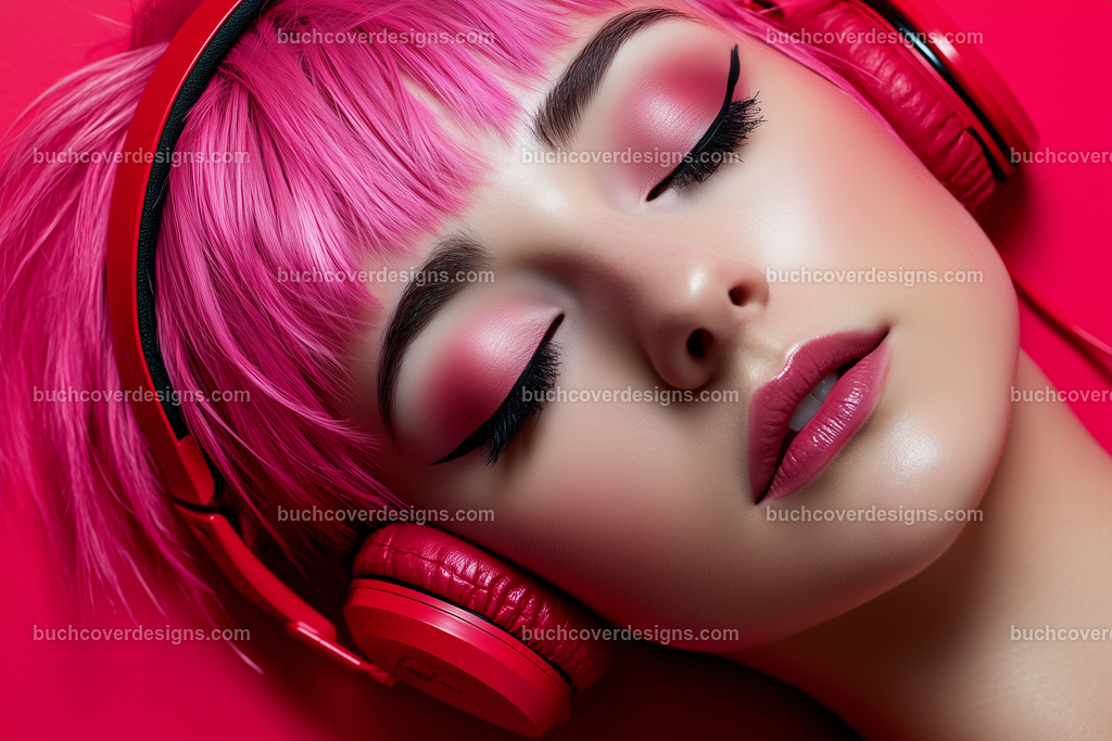 Gesicht einer Frau mit Kopfhörer (201) | face with pink colored hairs spread over the surface of the image, with a red headphone - close up - studio light - true strong colors - high detail - realistic - photo --chaos 5 --ar 3:2 --stylize 50 --weird 200 --v 6.1 Job ID: d8ac6358-c696-4e46-b3ec-a2c1e1285812
