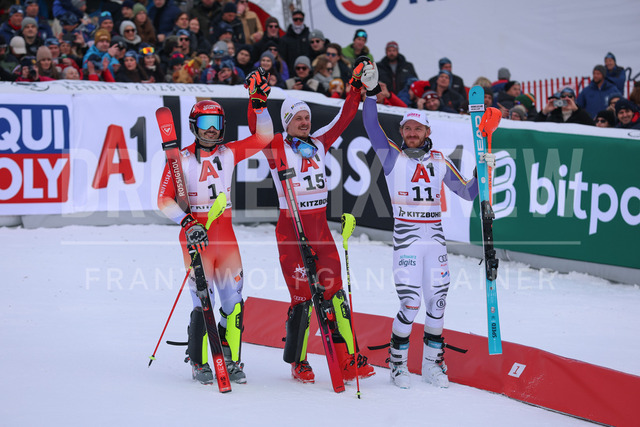 Audi FIS Ski World Cup: Men’s Slalom – Hahnenkamm Race, Kitzbuehel | Kitzbuehel, Austria, 25.Jan.26 - Alpine Skiing - FIS World Cup, Hahnenkamm Race, Slalom, men. The image shows MEILLARD Loic (SUI, Rossignol), FELLER Manuel (AUT, Atomic) and STRASSER Linus (GER, Head).