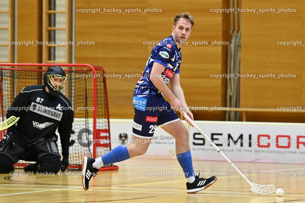 VSV Unihockey vs. KAC Floorball | #29 Anze Brajic VSV Unihockey, #87 Timmo Taurer VSV Unihockey, VSV Unihockey vs. KAC Floorball, VSV Unihockey vs. KAC Floorball am 28.03.2026 in Villach (Ballspielhalle St. Martin), Austria, (Photo by Bernd Stefan)