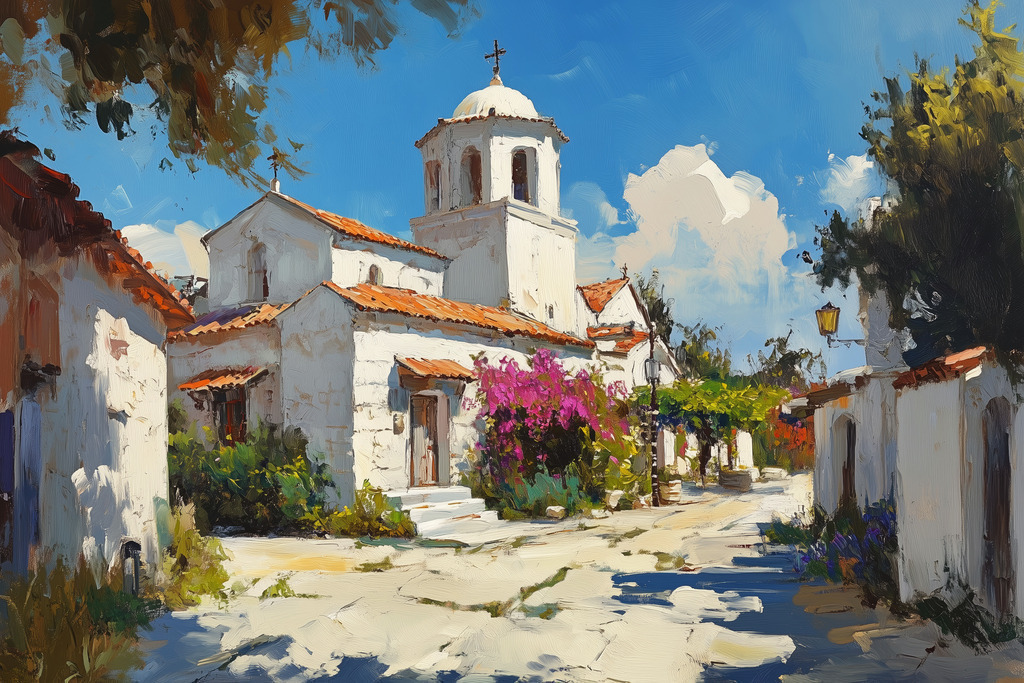 2408033 - Griechisches Dorf | Blick auf eine Kirche in einem verträumten griechischen Dorf im Stil eines Gemäldes.