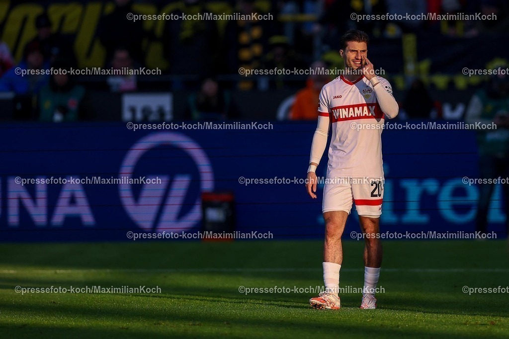 BVB08022502314 | 08.02.2025, Fußball, Borussia Dortmund - VfB Stuttgart, 1. Fußball Bundesliga, 21. Spieltag, Signal Iduna Park, Saison 2024 2025: Leonidas Stergiou (VfB Stuttgart #20)DFB regulations prohibit any use of photographs as image sequences and or quasi-video.